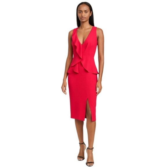 NWT Black Halo Pink Plunged Ruffle Neckline Sheath Dress - Picture 1 of 17